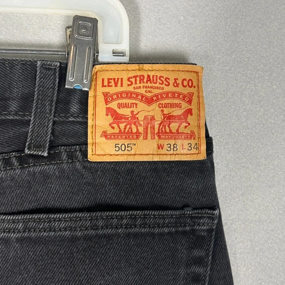 Levis 505 Jeans Men 38X34 Black Regular Fit Straight Leg Red Tab Dark Wash Denim